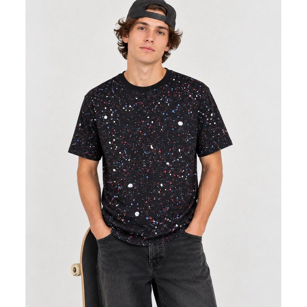 Carbon Men’s Large Black Splatter Paint T-Shirt Short Sleeve Crewneck Red Blue